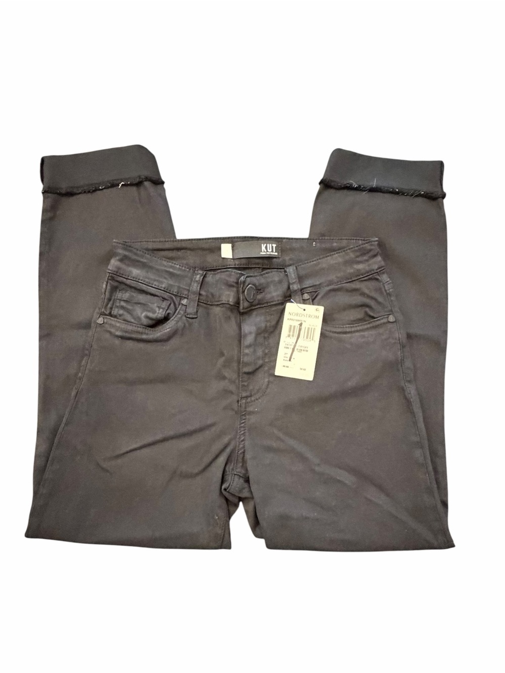 KUT FROM THE KLOTH Black Jeans Amy Crop Straight Leg Raw Hem Stretch Size 2 NEW